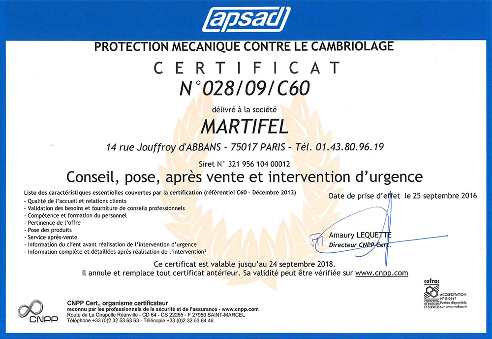 Certification Apsad A2P services